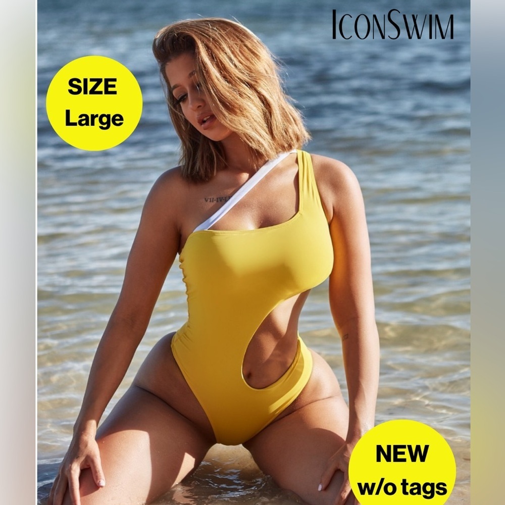 2/for $20 🪩 ICON SWIM Yellow One-Shoulder One Piece (Size Large) 💛 NWOT